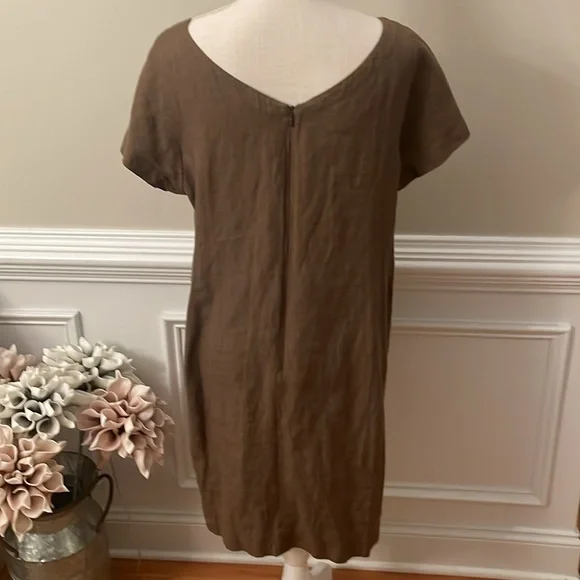 Eileen Fisher Brown Linen Ballet Neck Front Pocket Shift Dress Size Medium - Picture 6 of 10